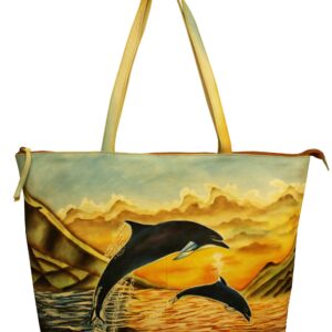 Evening Dolphin all leather hand painted large tote bag