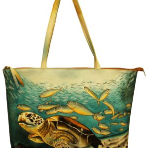 Turtle & Fish all leather hand painted large tote bag